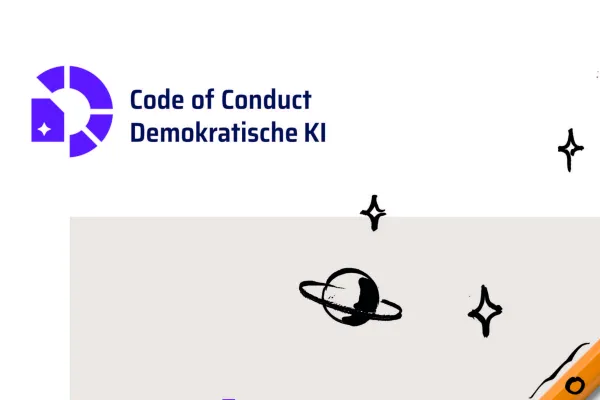 Titelblatt des Code of Conduct Demoktratische KI - hauptsächlich Schrift, bebildert mit gezeichneten Sternen und einem Bleistift, um den herum eine Rakete gezeichnet ist